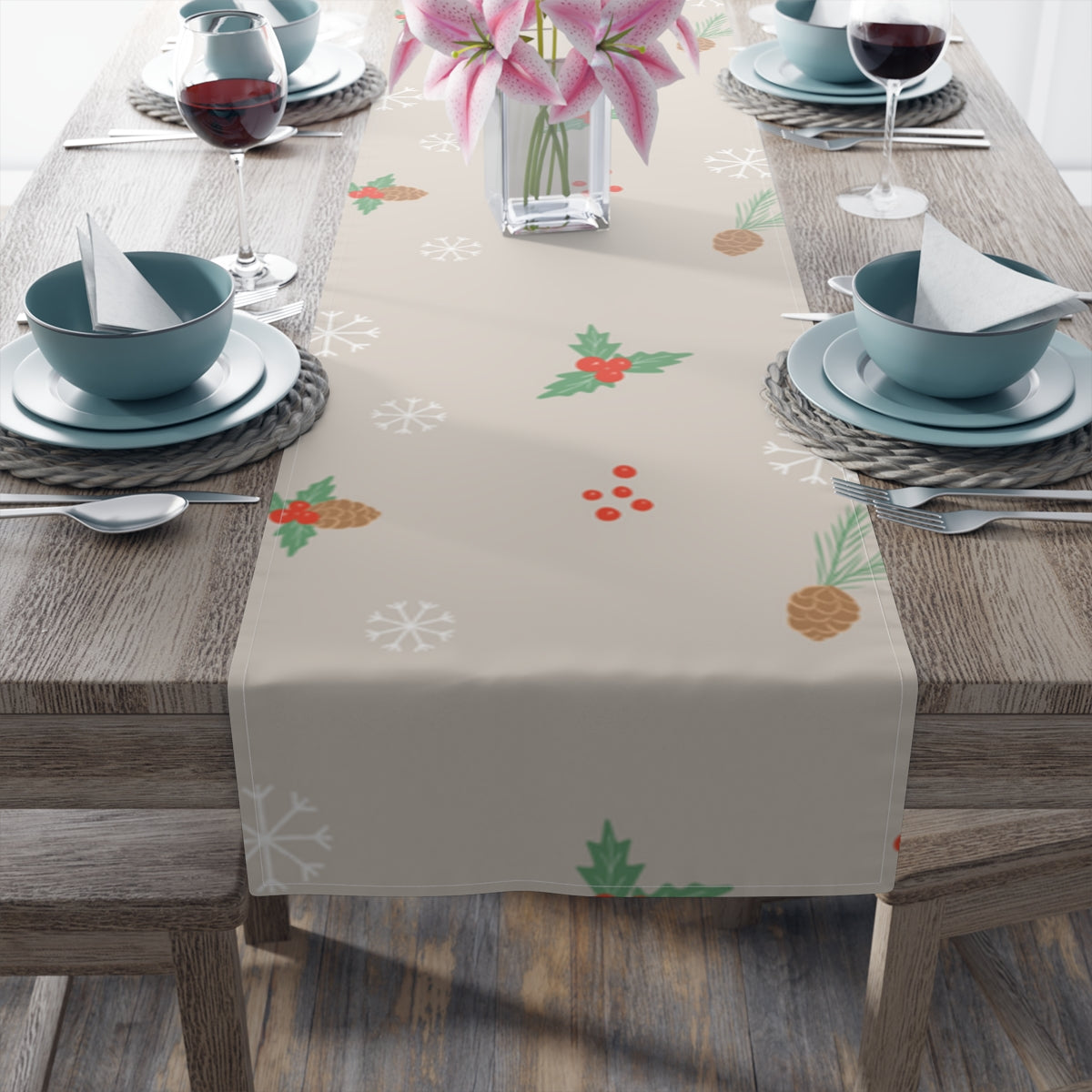 Holiday Table Runner - Holly & Pinecones
