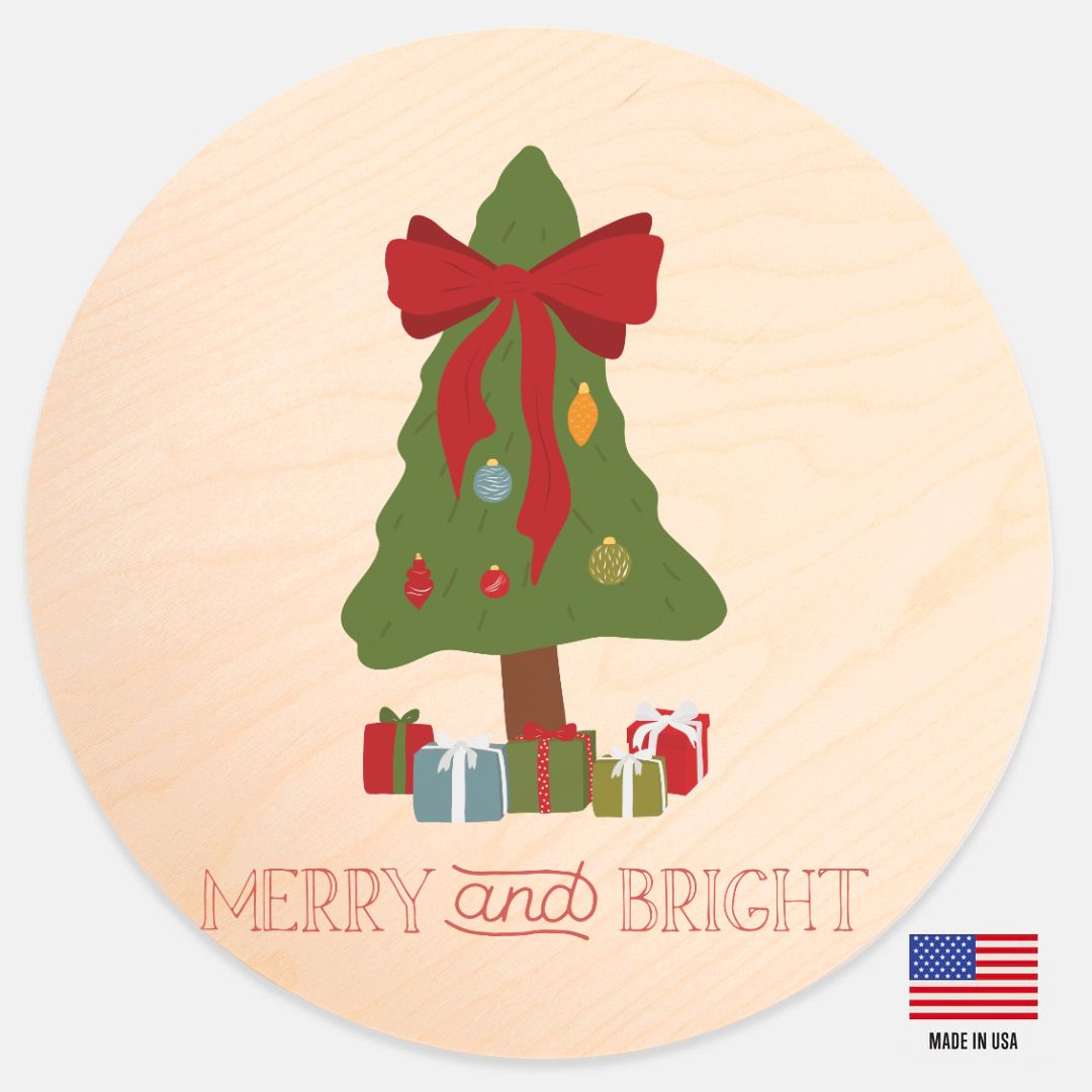 12" Round Wood Sign - Merry & Bright