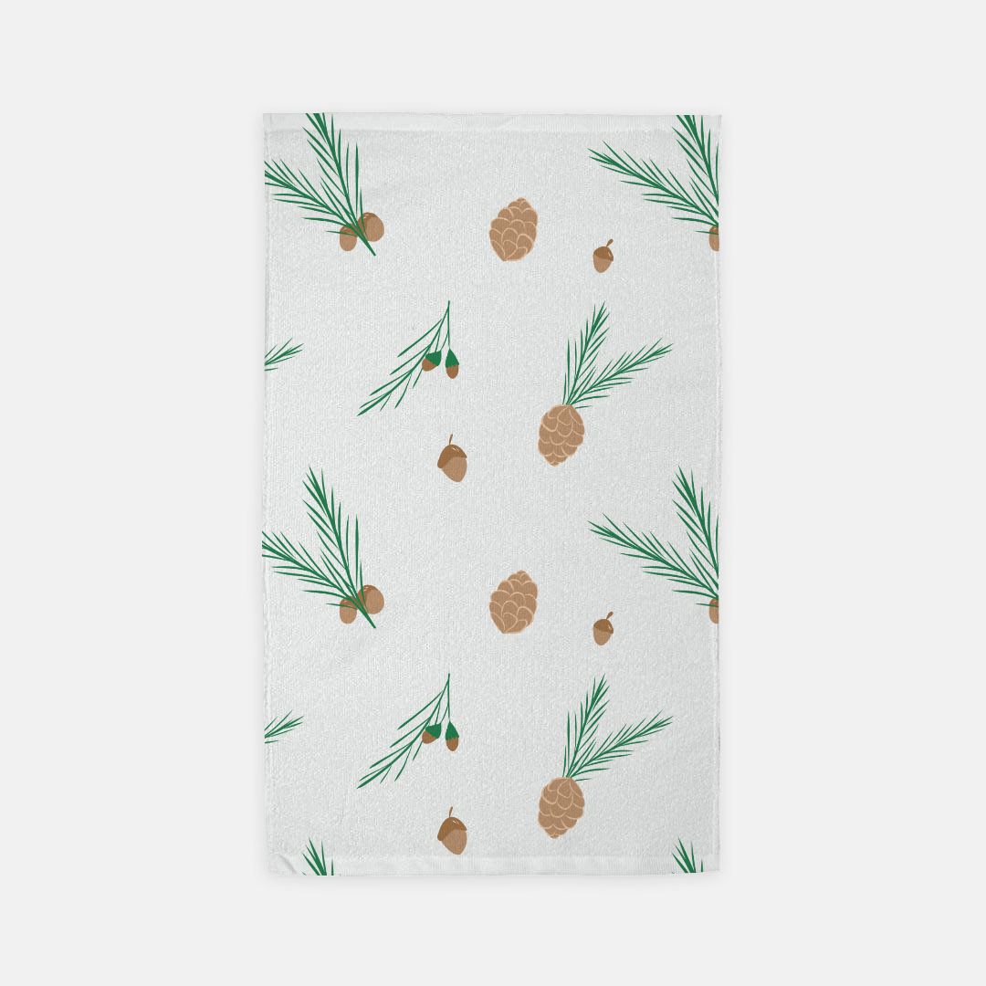 White Holiday Hand Towel - Pinecones & Acorns