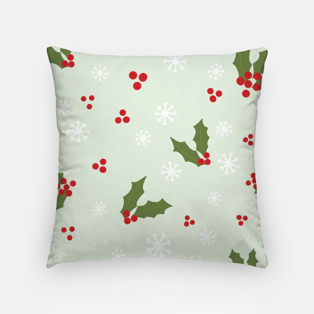 18x18 Holiday Polyester Pillowcase - Holly & Snowflakes