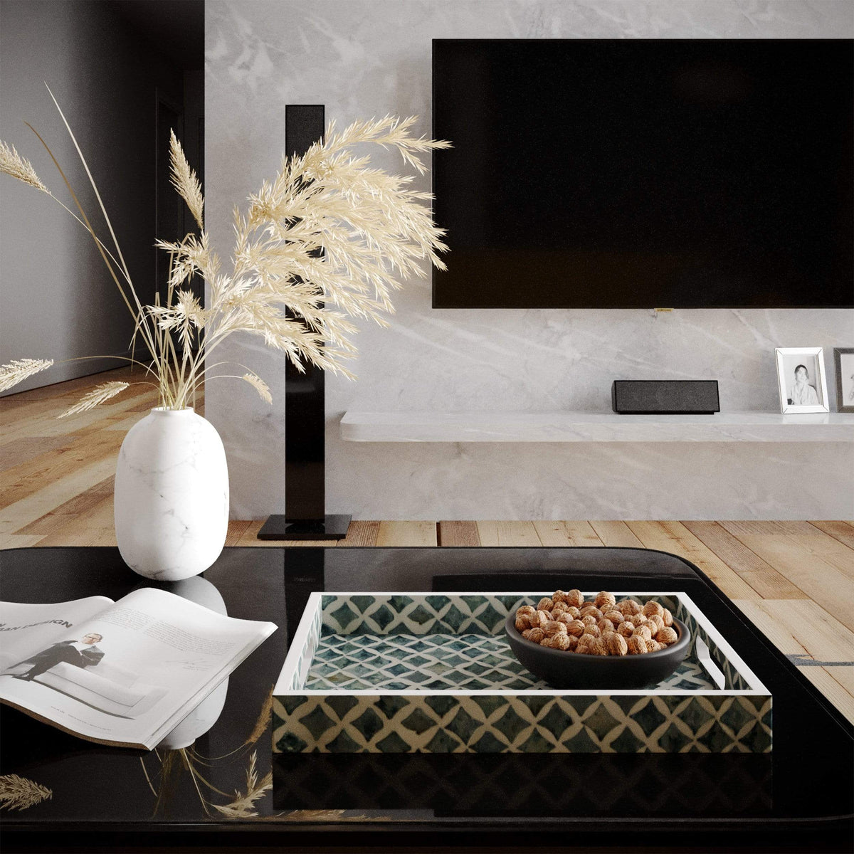 Mother of Pearl Inlay Nacre Rectangular Wood Serving Tray - Set of 2