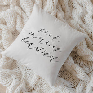 "Good Morning Beautiful" Script Pillow | Lifestyle Details