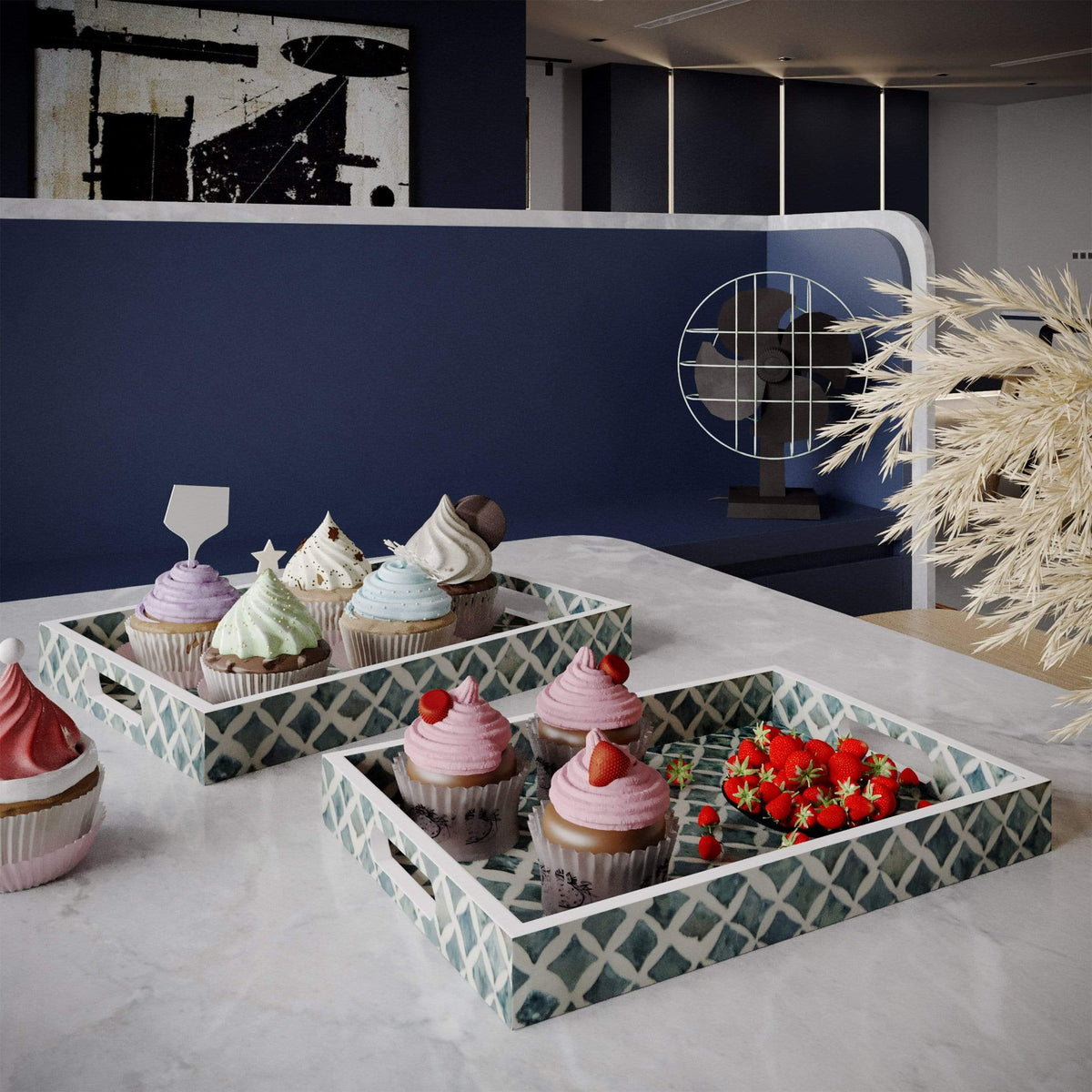 Mother of Pearl Inlay Nacre Rectangular Wood Serving Tray - Set of 2