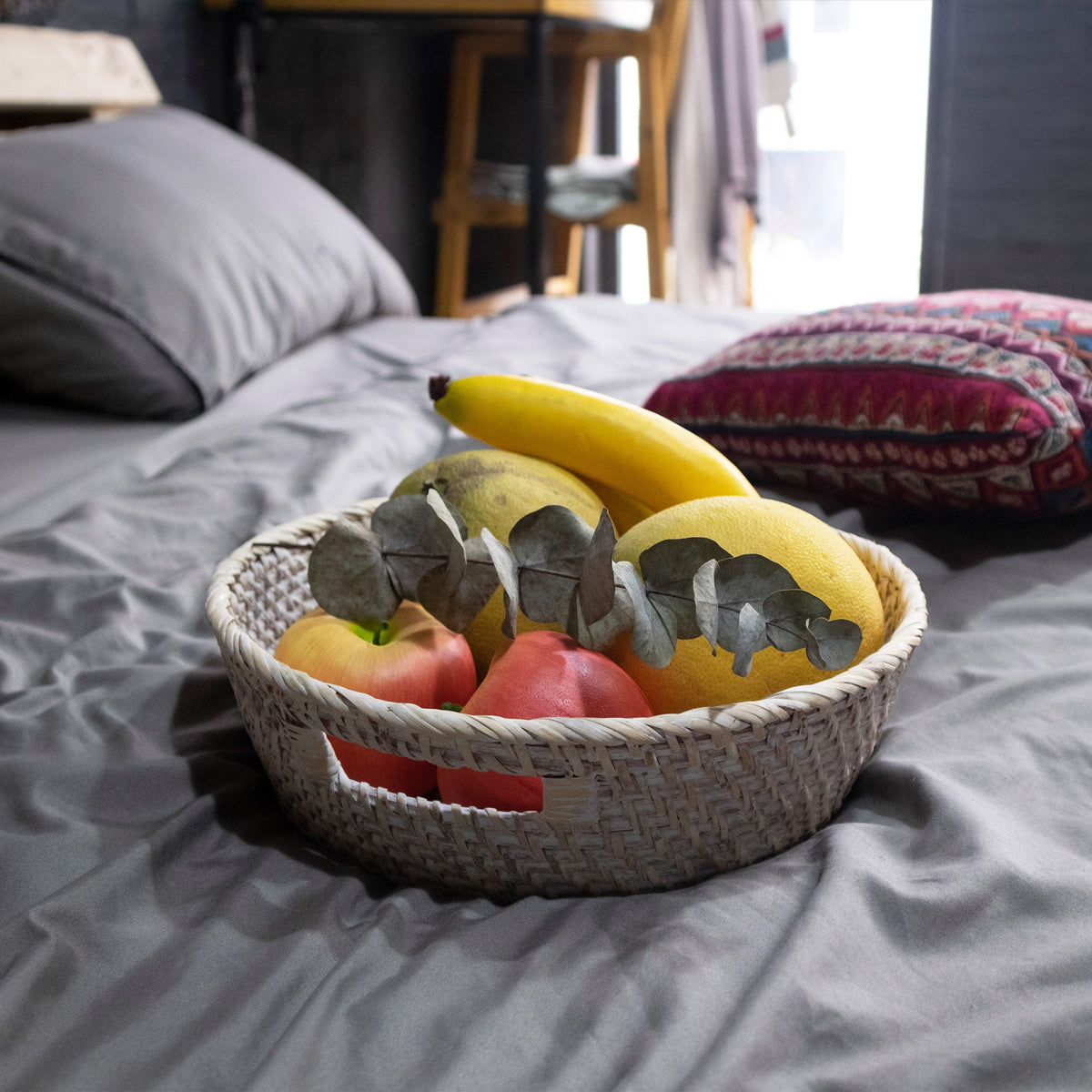 Rattan Wicker Tray with Wooden Base & Insert Handle