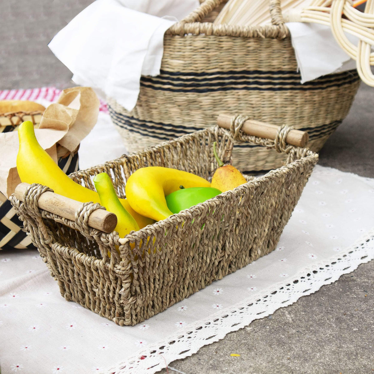 Wicker Storage Baskets with Handles | Kitchen Storage Organizer Toilet Tank Bin (Set 2)