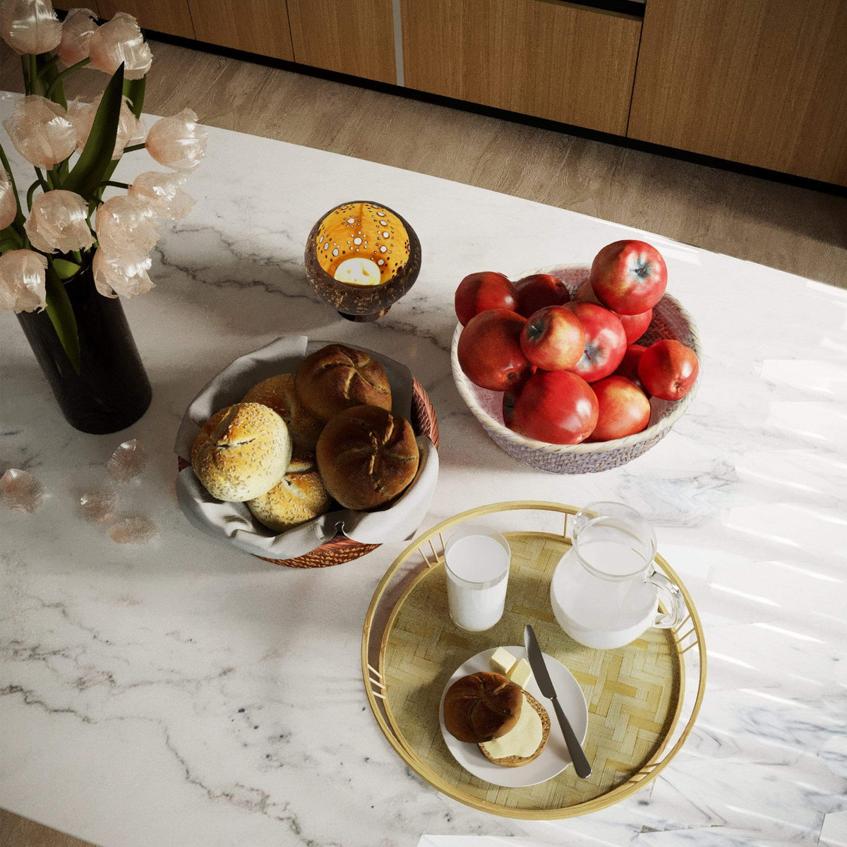 Bamboo Wicker Round Serving Trays with Handles