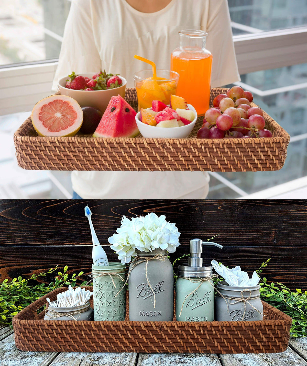 Large Rectangular Rattan Serving Trays with Handles