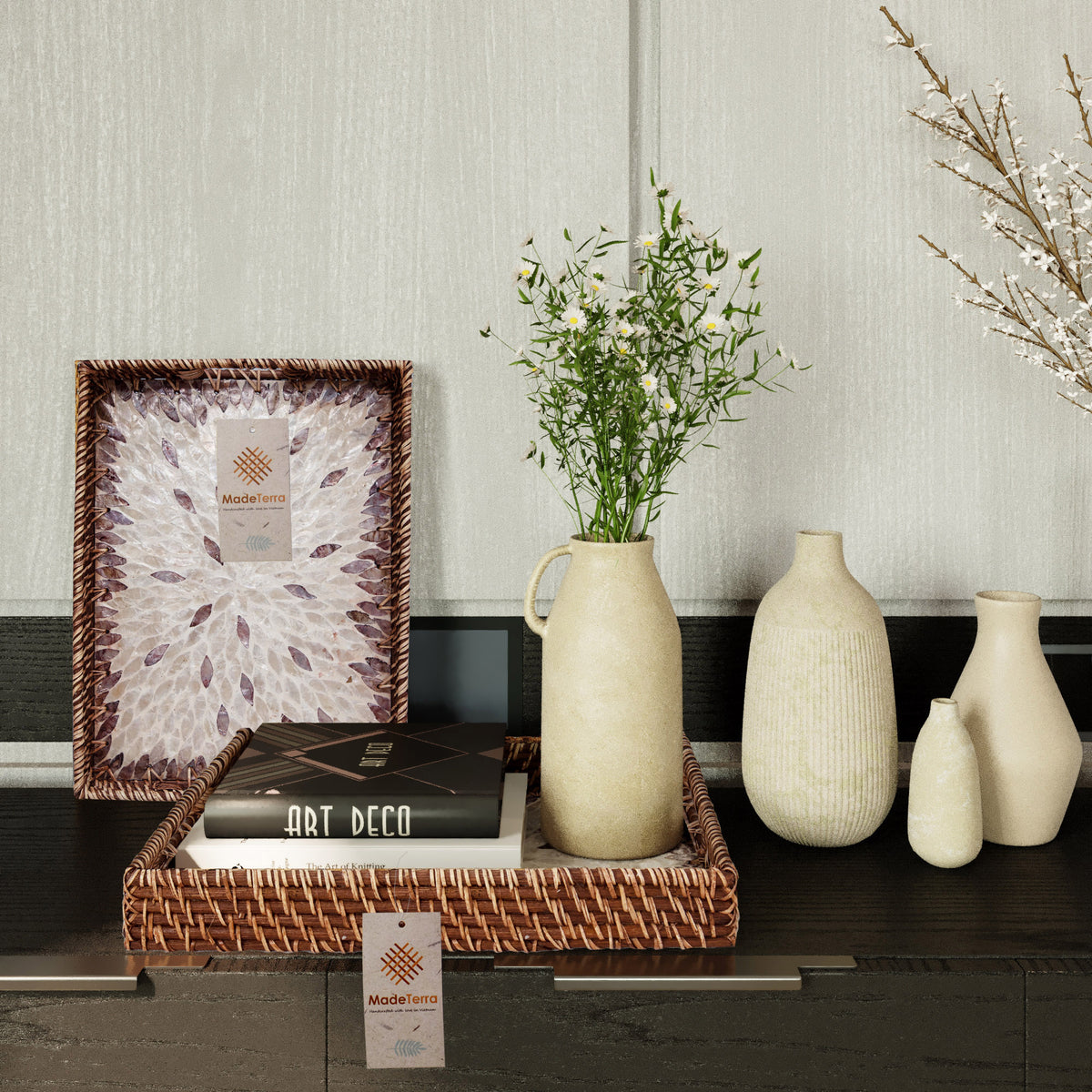 Rectangular Rattan Wicker Tray - Set of 2