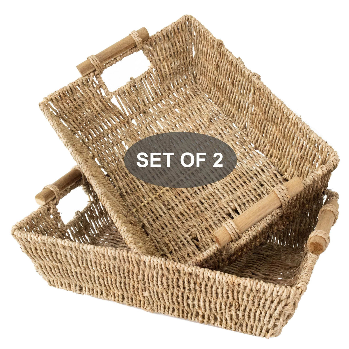 Wicker Storage Baskets with Handles | Kitchen Storage Organizer Toilet Tank Bin (Set 2)