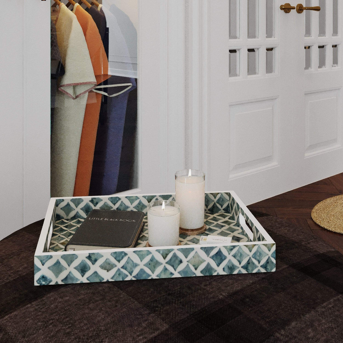 Mother of Pearl Inlay Nacre Rectangular Wood Serving Tray - Set of 2