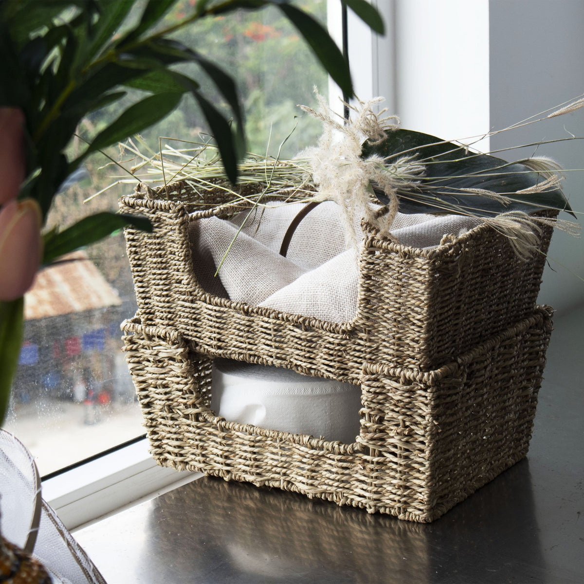 Wicker Stacking Storage Basket Bins - Set of 2