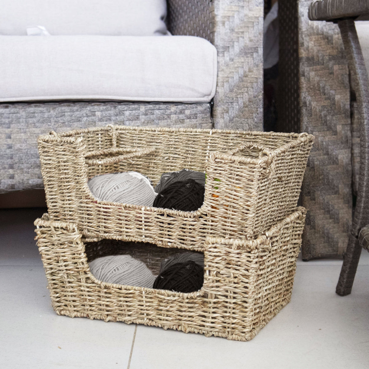 Wicker Stacking Storage Basket Bins - Set of 2