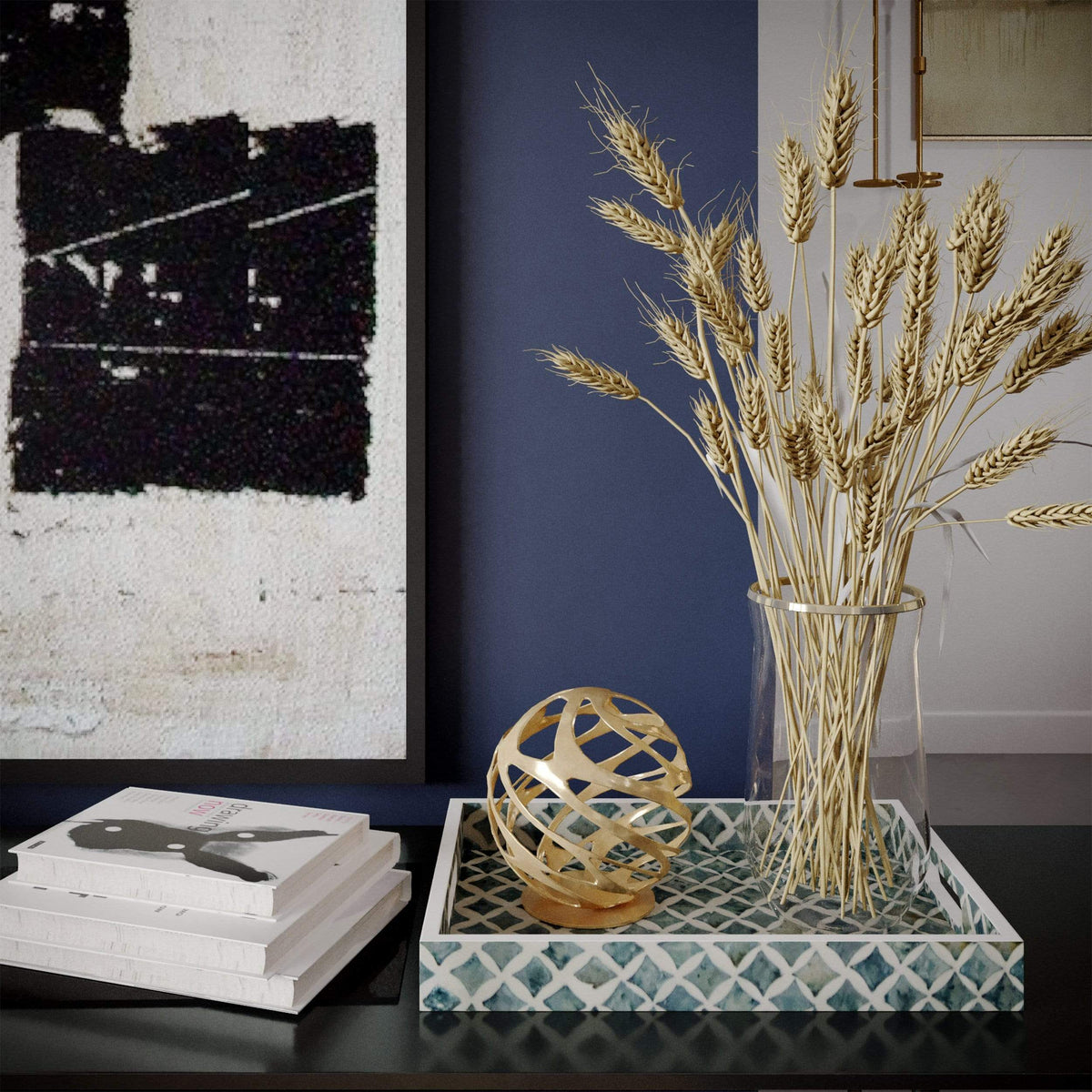 Mother of Pearl Inlay Nacre Rectangular Wood Serving Tray - Set of 2