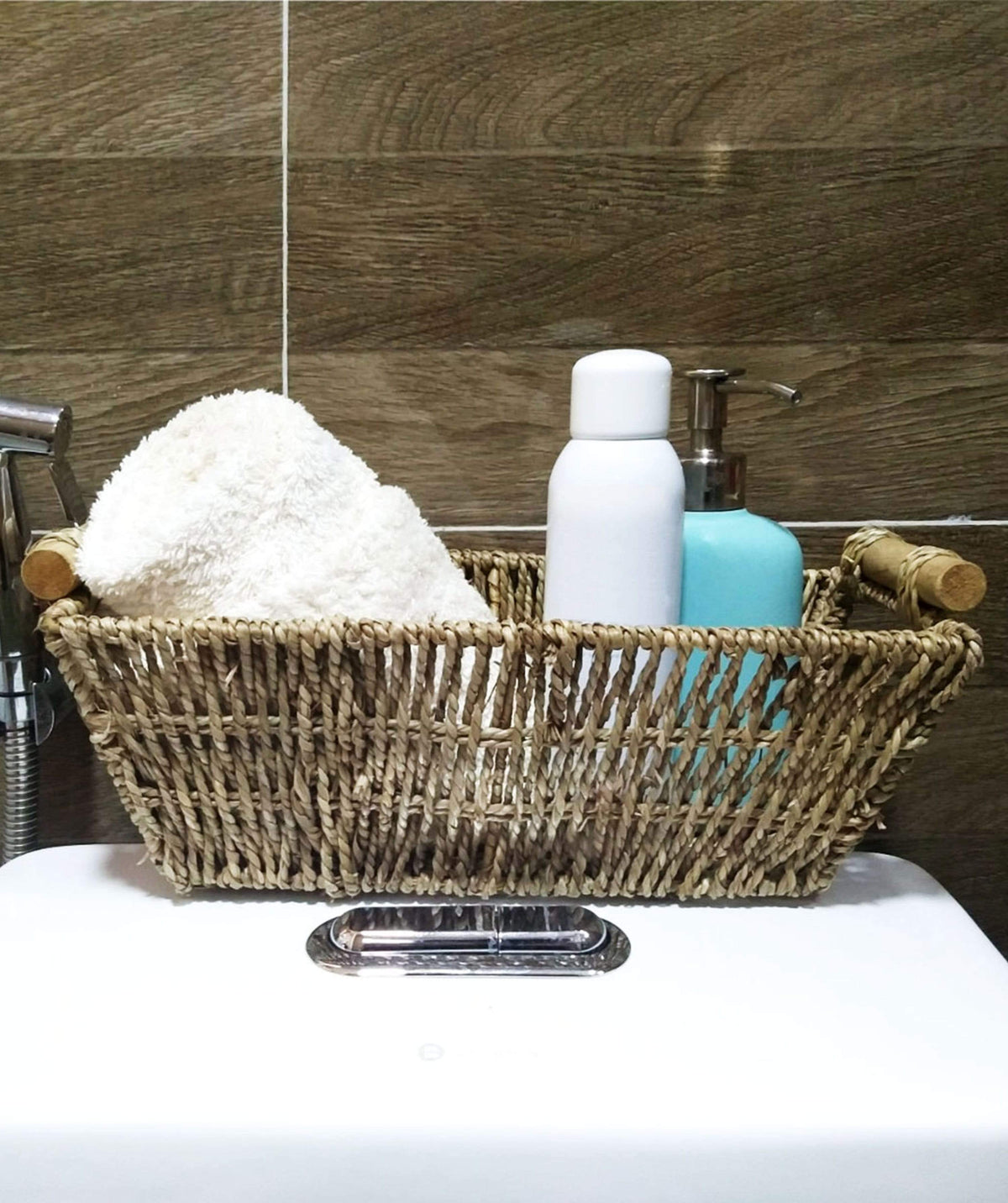 Wicker Storage Baskets with Handles | Kitchen Storage Organizer Toilet Tank Bin (Set 2)