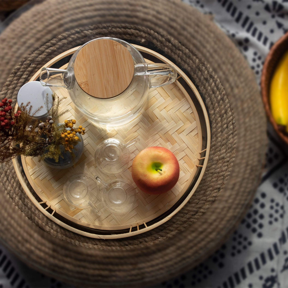 Bamboo Wicker Round Serving Trays with Handles