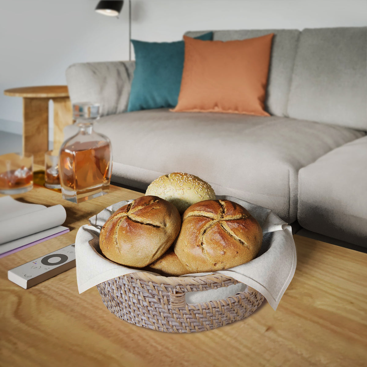 Rattan Wicker Tray with Wooden Base & Insert Handle