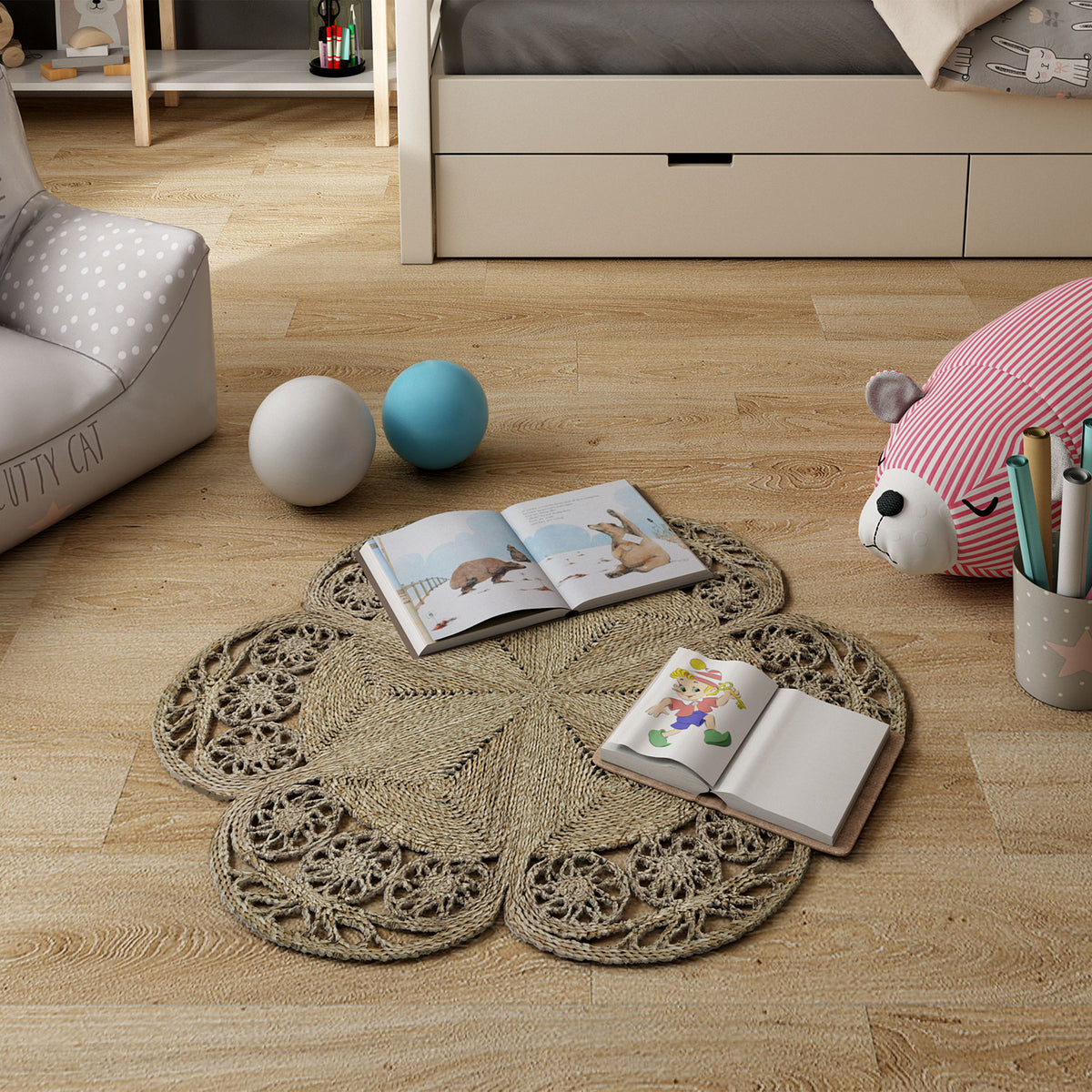 Natural Fiber Seagrass Wicker Flower Rug