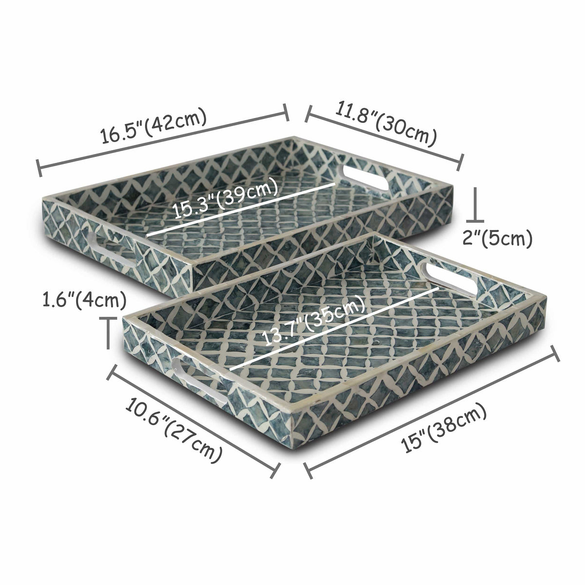 Mother of Pearl Inlay Nacre Rectangular Wood Serving Tray - Set of 2